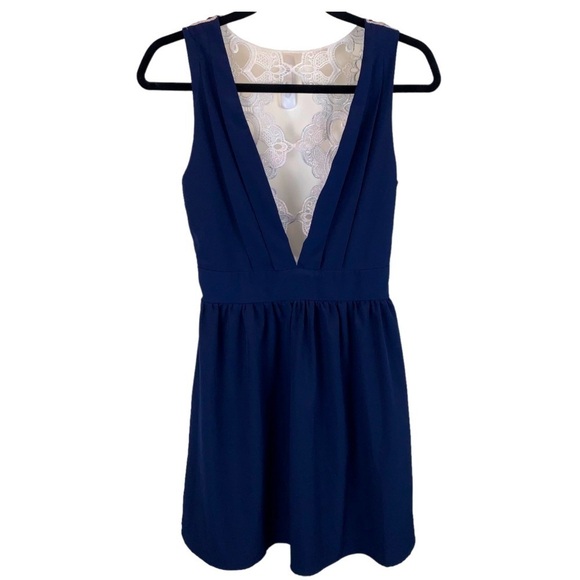 Lulu's sz S Navy White Lace Back Low Cut Fit and Flare Skater Dress - Picture 2 of 6
